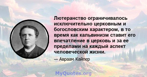 Лютеранство ограничивалось исключительно церковным и богословским характером, в то время как кальвинизм ставит его впечатление в церковь и за ее пределами на каждый аспект человеческой жизни.