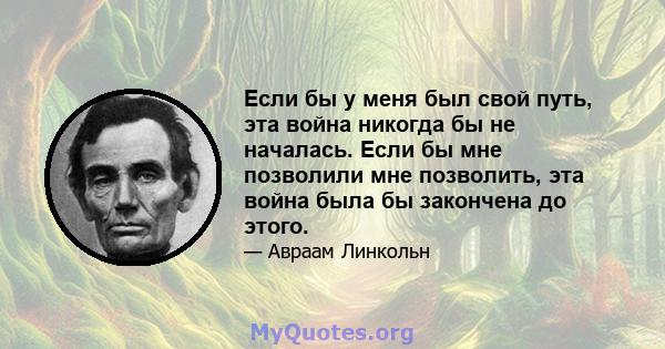 Если бы у меня был свой путь, эта война никогда бы не началась. Если бы мне позволили мне позволить, эта война была бы закончена до этого.