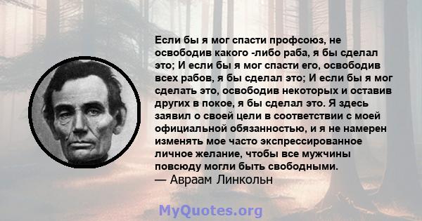 Если бы я мог спасти профсоюз, не освободив какого -либо раба, я бы сделал это; И если бы я мог спасти его, освободив всех рабов, я бы сделал это; И если бы я мог сделать это, освободив некоторых и оставив других в