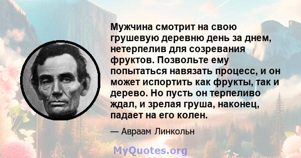 Мужчина смотрит на свою грушевую деревню день за днем, нетерпелив для созревания фруктов. Позвольте ему попытаться навязать процесс, и он может испортить как фрукты, так и дерево. Но пусть он терпеливо ждал, и зрелая