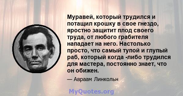 Муравей, который трудился и потащил крошку в свое гнездо, яростно защитит плод своего труда, от любого грабителя нападает на него. Настолько просто, что самый тупой и глупый раб, который когда -либо трудился для