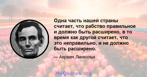 Одна часть нашей страны считает, что рабство правильное и должно быть расширено, в то время как другой считает, что это неправильно, и не должно быть расширено.