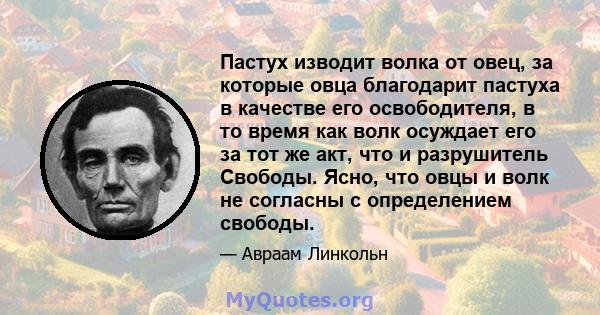 Пастух изводит волка от овец, за которые овца благодарит пастуха в качестве его освободителя, в то время как волк осуждает его за тот же акт, что и разрушитель Свободы. Ясно, что овцы и волк не согласны с определением