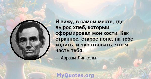 Я вижу, в самом месте, где вырос хлеб, который сформировал мои кости. Как странное, старое поле, на тебе ходить, и чувствовать, что я часть тебя.