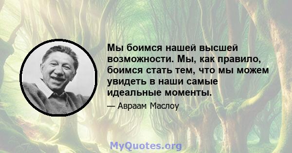 Мы боимся нашей высшей возможности. Мы, как правило, боимся стать тем, что мы можем увидеть в наши самые идеальные моменты.