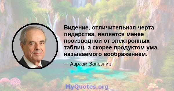 Видение, отличительная черта лидерства, является менее производной от электронных таблиц, а скорее продуктом ума, называемого воображением.