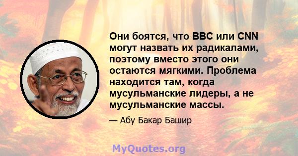 Они боятся, что BBC или CNN могут назвать их радикалами, поэтому вместо этого они остаются мягкими. Проблема находится там, когда мусульманские лидеры, а не мусульманские массы.