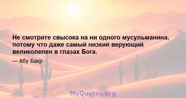 Не смотрите свысока на ни одного мусульманина, потому что даже самый низкий верующий великолепен в глазах Бога.