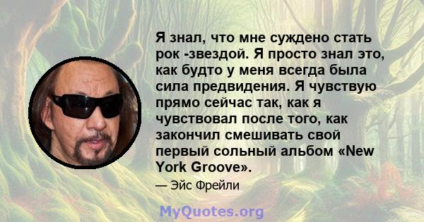 Я знал, что мне суждено стать рок -звездой. Я просто знал это, как будто у меня всегда была сила предвидения. Я чувствую прямо сейчас так, как я чувствовал после того, как закончил смешивать свой первый сольный альбом