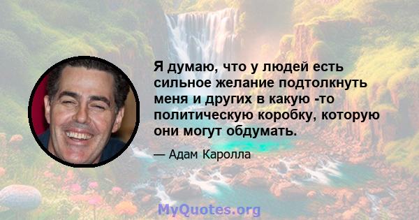 Я думаю, что у людей есть сильное желание подтолкнуть меня и других в какую -то политическую коробку, которую они могут обдумать.