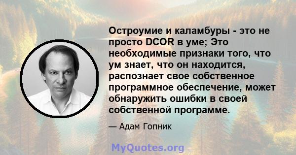 Остроумие и каламбуры - это не просто DCOR в уме; Это необходимые признаки того, что ум знает, что он находится, распознает свое собственное программное обеспечение, может обнаружить ошибки в своей собственной программе.