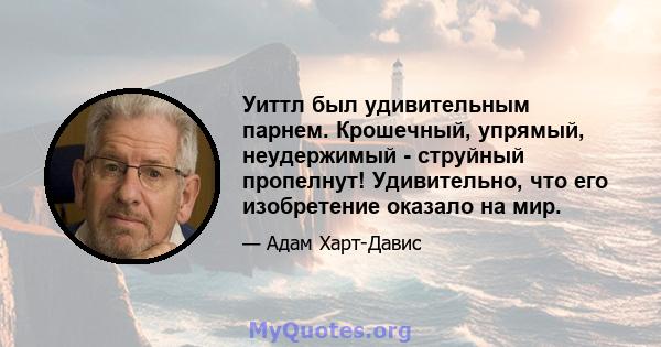 Уиттл был удивительным парнем. Крошечный, упрямый, неудержимый - струйный пропелнут! Удивительно, что его изобретение оказало на мир.