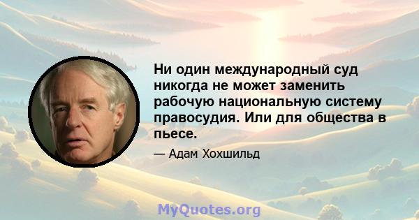 Ни один международный суд никогда не может заменить рабочую национальную систему правосудия. Или для общества в пьесе.