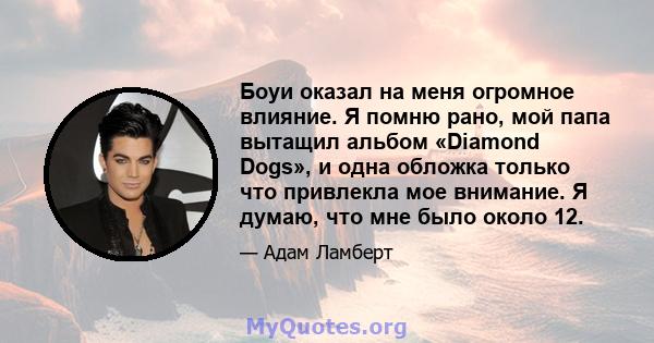 Боуи оказал на меня огромное влияние. Я помню рано, мой папа вытащил альбом «Diamond Dogs», и одна обложка только что привлекла мое внимание. Я думаю, что мне было около 12.