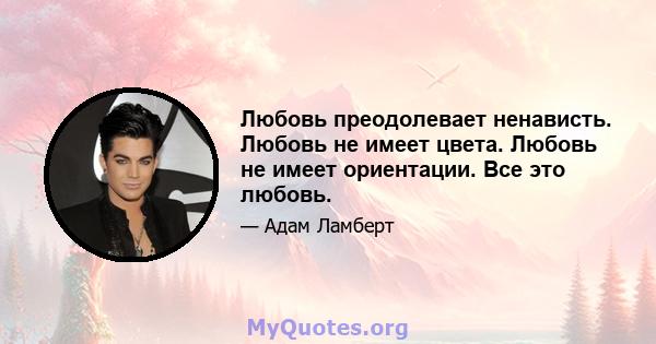 Любовь преодолевает ненависть. Любовь не имеет цвета. Любовь не имеет ориентации. Все это любовь.