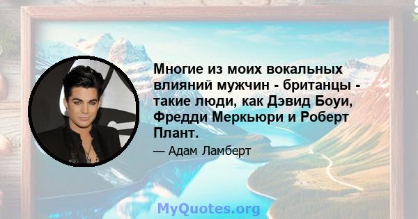 Многие из моих вокальных влияний мужчин - британцы - такие люди, как Дэвид Боуи, Фредди Меркьюри и Роберт Плант.