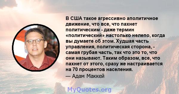 В США такое агрессивно аполитичное движение, что все, что пахнет политическим - даже термин «политический» настолько нелепо, когда вы думаете об этом. Худшая часть управления, политическая сторона, - самая грубая часть, 