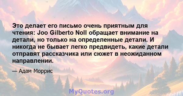 Это делает его письмо очень приятным для чтения: Joo Gilberto Noll обращает внимание на детали, но только на определенные детали. И никогда не бывает легко предвидеть, какие детали отправят рассказчика или сюжет в