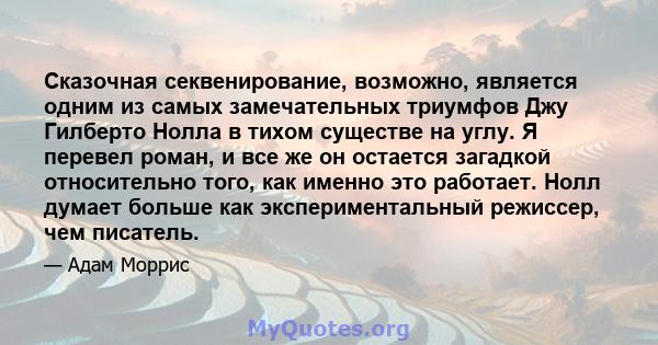 Сказочная секвенирование, возможно, является одним из самых замечательных триумфов Джу Гилберто Нолла в тихом существе на углу. Я перевел роман, и все же он остается загадкой относительно того, как именно это работает.