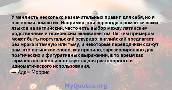 У меня есть несколько незначительных правил для себя, но я все время ломаю их. Например, при переводе с романтических языков на английский, часто есть выбор между латинским родственным и германским эквивалентом. Легким