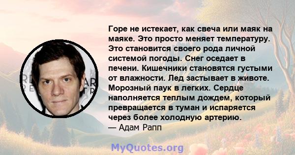 Горе не истекает, как свеча или маяк на маяке. Это просто меняет температуру. Это становится своего рода личной системой погоды. Снег оседает в печени. Кишечники становятся густыми от влажности. Лед застывает в животе.