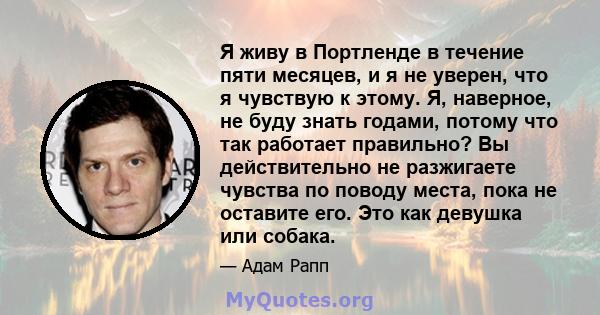 Я живу в Портленде в течение пяти месяцев, и я не уверен, что я чувствую к этому. Я, наверное, не буду знать годами, потому что так работает правильно? Вы действительно не разжигаете чувства по поводу места, пока не