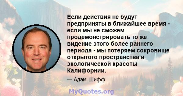 Если действия не будут предприняты в ближайшее время - если мы не сможем продемонстрировать то же видение этого более раннего периода - мы потеряем сокровище открытого пространства и экологической красоты Калифорнии.