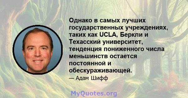 Однако в самых лучших государственных учреждениях, таких как UCLA, Беркли и Техасский университет, тенденция пониженного числа меньшинств остается постоянной и обескураживающей.