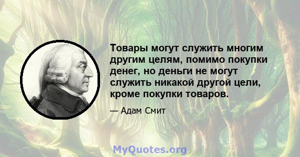 Товары могут служить многим другим целям, помимо покупки денег, но деньги не могут служить никакой другой цели, кроме покупки товаров.