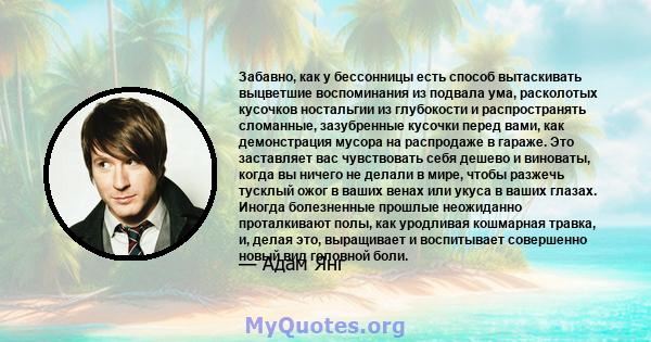 Забавно, как у бессонницы есть способ вытаскивать выцветшие воспоминания из подвала ума, расколотых кусочков ностальгии из глубокости и распространять сломанные, зазубренные кусочки перед вами, как демонстрация мусора