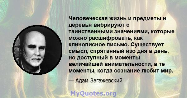 Человеческая жизнь и предметы и деревья вибрируют с таинственными значениями, которые можно расшифровать, как клинописное письмо. Существует смысл, спрятанный изо дня в день, но доступный в моменты величайшей