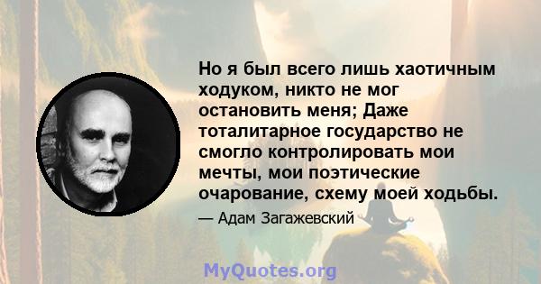 Но я был всего лишь хаотичным ходуком, никто не мог остановить меня; Даже тоталитарное государство не смогло контролировать мои мечты, мои поэтические очарование, схему моей ходьбы.