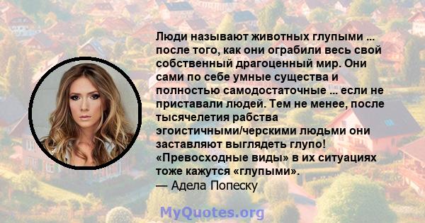 Люди называют животных глупыми ... после того, как они ограбили весь свой собственный драгоценный мир. Они сами по себе умные существа и полностью самодостаточные ... если не приставали людей. Тем не менее, после