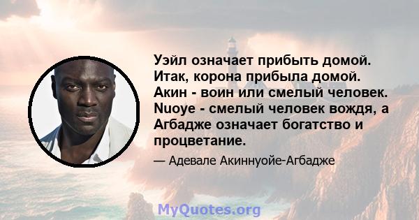 Уэйл означает прибыть домой. Итак, корона прибыла домой. Акин - воин или смелый человек. Nuoye - смелый человек вождя, а Агбадже означает богатство и процветание.