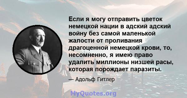 Если я могу отправить цветок немецкой нации в адский адский войну без самой маленькой жалости от проливания драгоценной немецкой крови, то, несомненно, я имею право удалить миллионы низшей расы, которая порождает