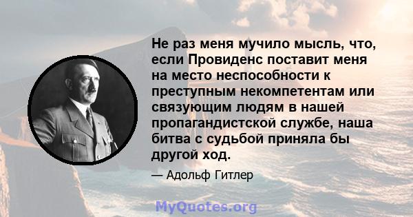 Не раз меня мучило мысль, что, если Провиденс поставит меня на место неспособности к преступным некомпетентам или связующим людям в нашей пропагандистской службе, наша битва с судьбой приняла бы другой ход.