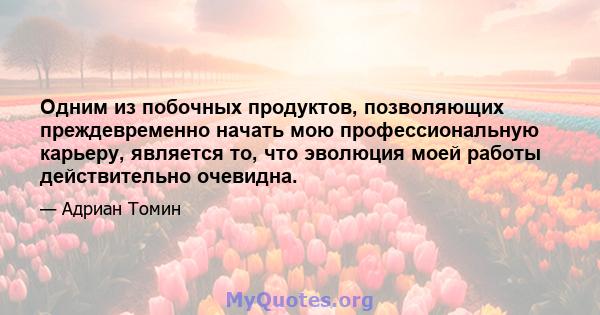 Одним из побочных продуктов, позволяющих преждевременно начать мою профессиональную карьеру, является то, что эволюция моей работы действительно очевидна.