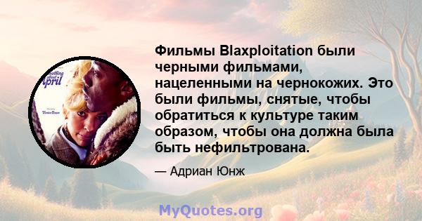 Фильмы Blaxploitation были черными фильмами, нацеленными на чернокожих. Это были фильмы, снятые, чтобы обратиться к культуре таким образом, чтобы она должна была быть нефильтрована.