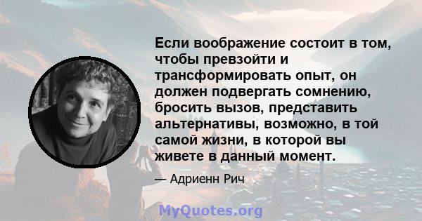 Если воображение состоит в том, чтобы превзойти и трансформировать опыт, он должен подвергать сомнению, бросить вызов, представить альтернативы, возможно, в той самой жизни, в которой вы живете в данный момент.