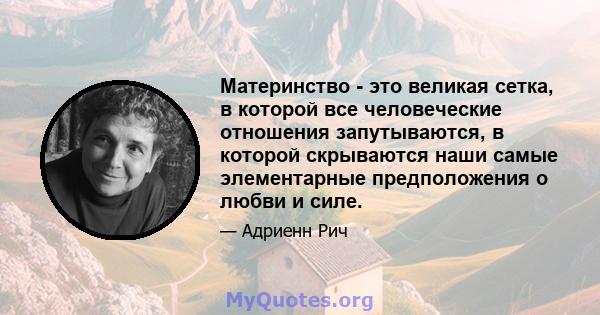 Материнство - это великая сетка, в которой все человеческие отношения запутываются, в которой скрываются наши самые элементарные предположения о любви и силе.