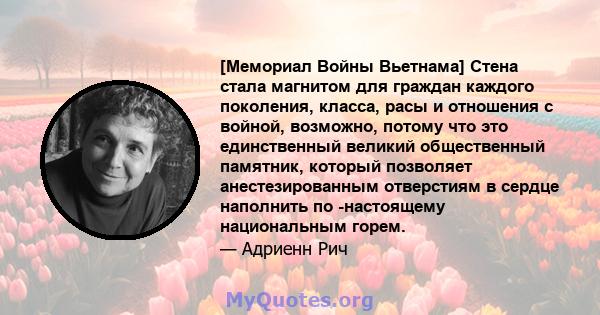 [Мемориал Войны Вьетнама] Стена стала магнитом для граждан каждого поколения, класса, расы и отношения с войной, возможно, потому что это единственный великий общественный памятник, который позволяет анестезированным