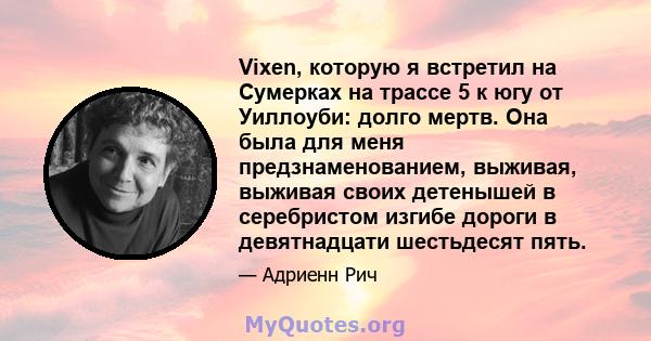 Vixen, которую я встретил на Сумерках на трассе 5 к югу от Уиллоуби: долго мертв. Она была для меня предзнаменованием, выживая, выживая своих детенышей в серебристом изгибе дороги в девятнадцати шестьдесят пять.