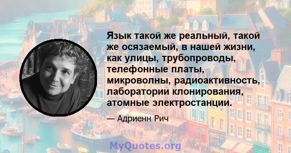 Язык такой же реальный, такой же осязаемый, в нашей жизни, как улицы, трубопроводы, телефонные платы, микроволны, радиоактивность, лаборатории клонирования, атомные электростанции.