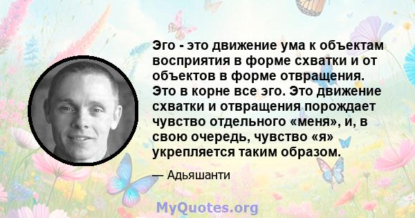 Эго - это движение ума к объектам восприятия в форме схватки и от объектов в форме отвращения. Это в корне все эго. Это движение схватки и отвращения порождает чувство отдельного «меня», и, в свою очередь, чувство «я»