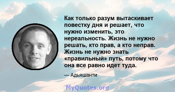 Как только разум вытаскивает повестку дня и решает, что нужно изменить, это нереальность. Жизнь не нужно решать, кто прав, а кто неправ. Жизнь не нужно знать «правильный» путь, потому что она все равно идет туда.