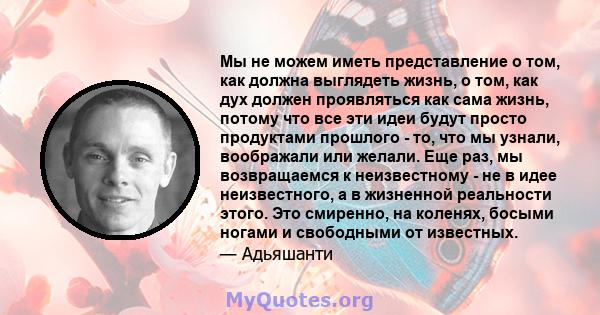 Мы не можем иметь представление о том, как должна выглядеть жизнь, о том, как дух должен проявляться как сама жизнь, потому что все эти идеи будут просто продуктами прошлого - то, что мы узнали, воображали или желали.