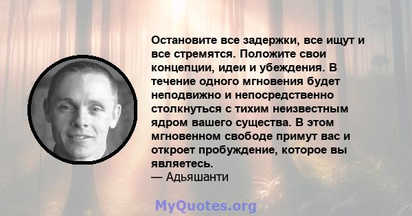 Остановите все задержки, все ищут и все стремятся. Положите свои концепции, идеи и убеждения. В течение одного мгновения будет неподвижно и непосредственно столкнуться с тихим неизвестным ядром вашего существа. В этом