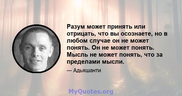 Разум может принять или отрицать, что вы осознаете, но в любом случае он не может понять. Он не может понять. Мысль не может понять, что за пределами мысли.