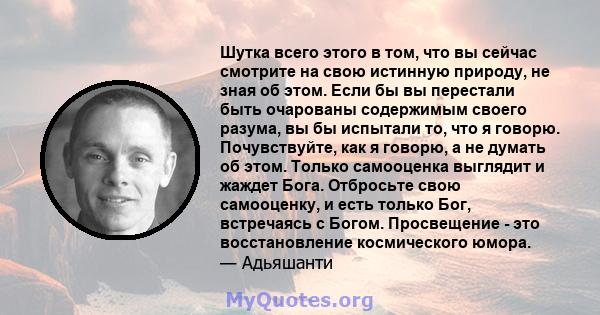 Шутка всего этого в том, что вы сейчас смотрите на свою истинную природу, не зная об этом. Если бы вы перестали быть очарованы содержимым своего разума, вы бы испытали то, что я говорю. Почувствуйте, как я говорю, а не