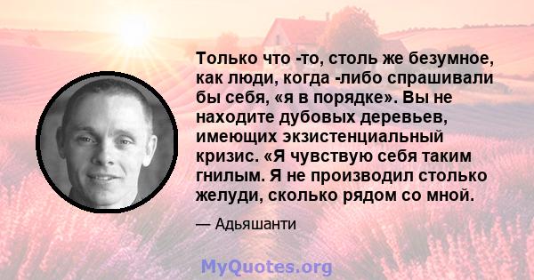 Только что -то, столь же безумное, как люди, когда -либо спрашивали бы себя, «я в порядке». Вы не находите дубовых деревьев, имеющих экзистенциальный кризис. «Я чувствую себя таким гнилым. Я не производил столько